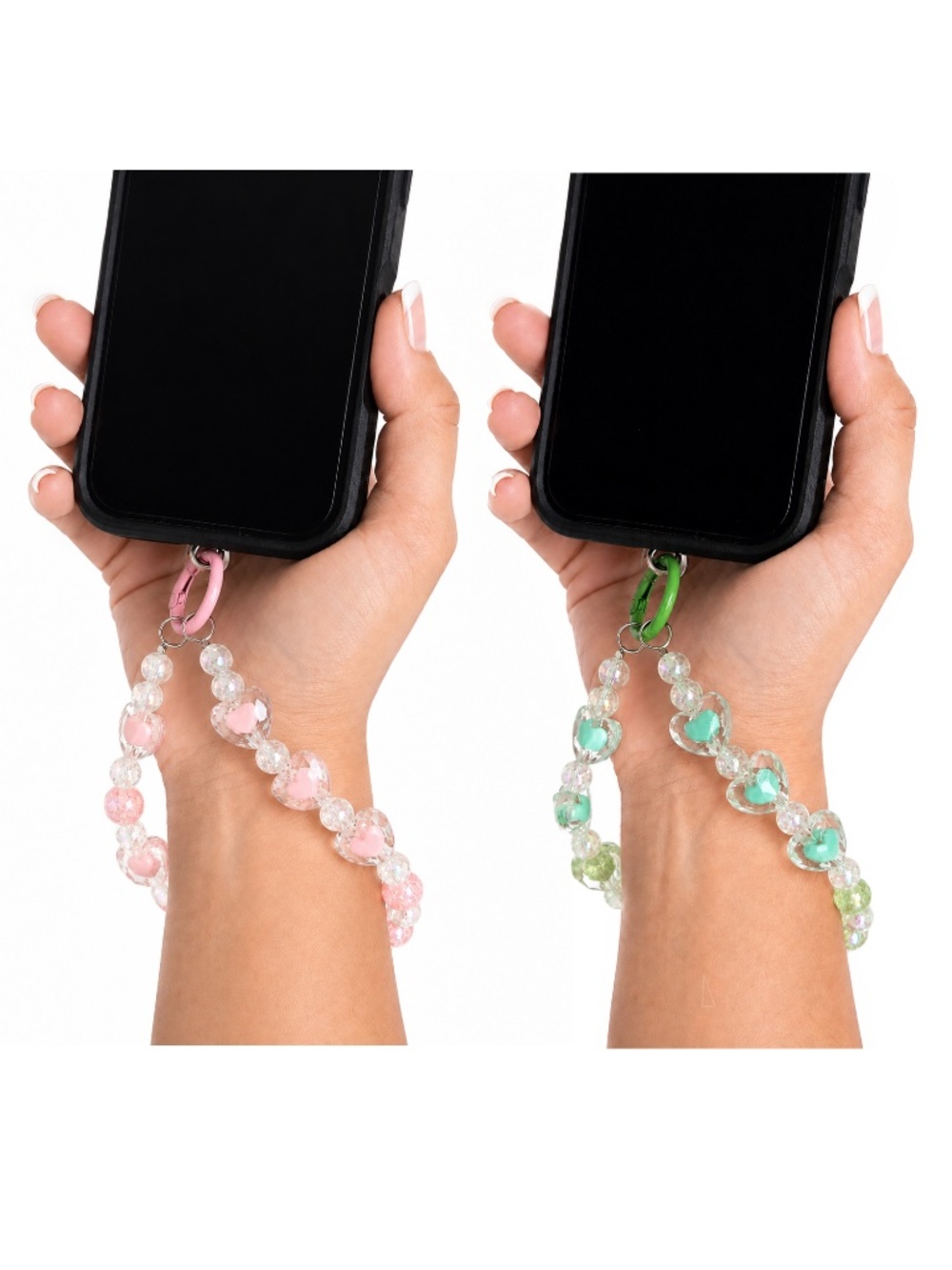 Y2K Light Green & Pink Beaded Heart Phone Wristlet Charm Strap w/ Clear Insert